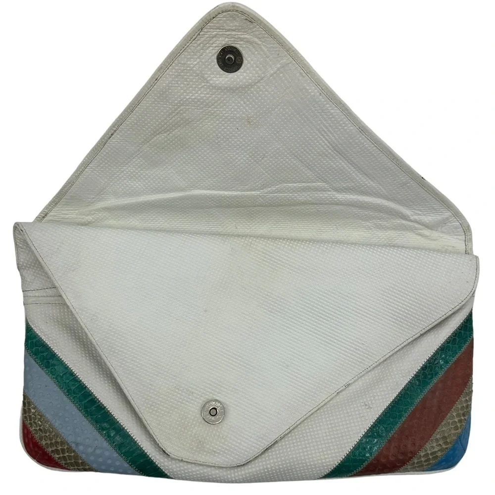 Vintage 80s Leather Snakeskin Textile Clutch Bag Multi‎ Color Flap Front Purse